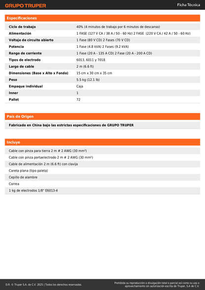 Soldadora Inversora TRUPER 200A Bi-Voltaje SOIN-200BT - Solución Portátil para Soldadura Profesional SMAW TIG - Sistema Automático 127/220V Sin Cambio de Conectores - Electrodo Revestido y Tungsteno Hasta 5/32 Pulgadas