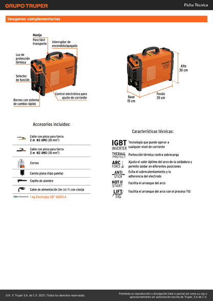 Soldadora Inversora TRUPER 200A Bi-Voltaje SOIN-200BT - Solución Portátil para Soldadura Profesional SMAW TIG - Sistema Automático 127/220V Sin Cambio de Conectores - Electrodo Revestido y Tungsteno Hasta 5/32 Pulgadas