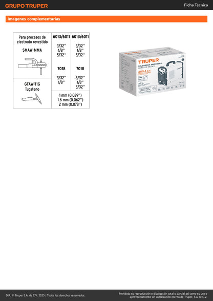 Soldadora Inversora TRUPER 200A Bi-Voltaje SOIN-200BT - Solución Portátil para Soldadura Profesional SMAW TIG - Sistema Automático 127/220V Sin Cambio de Conectores - Electrodo Revestido y Tungsteno Hasta 5/32 Pulgadas