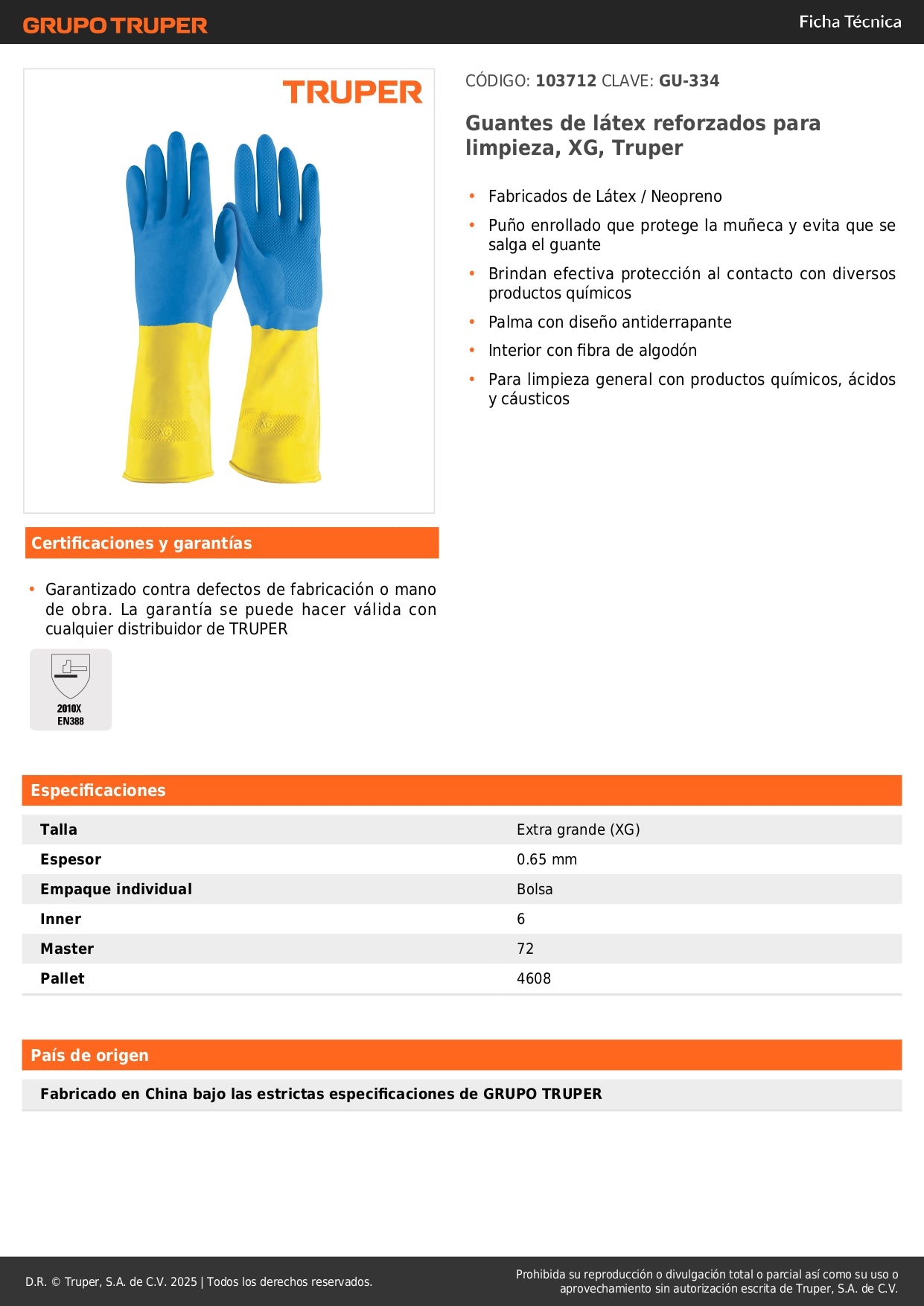 Guantes de Látex Reforzados Antiderrapantes XG Truper GU-334 - Protección Química Industrial para Limpieza Profesional
