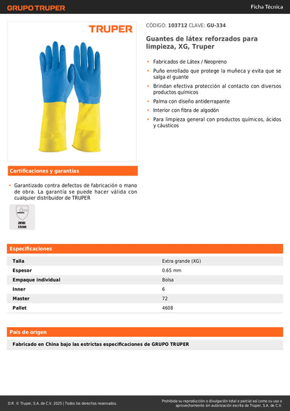Guantes de Látex Reforzados Antiderrapantes XG Truper GU-334 - Protección Química Industrial para Limpieza Profesional