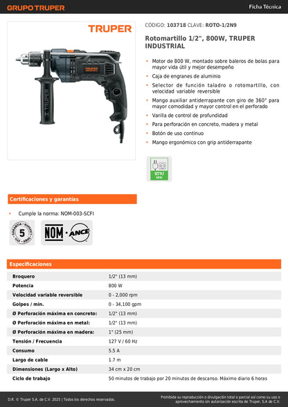 Rotomartillo TRUPER Industrial 1/2" 800W ROTO-1/2N9 - Motor Baleros Bolas Caja Aluminio