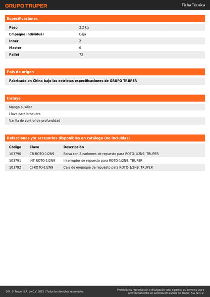 Rotomartillo TRUPER Industrial 1/2" 800W ROTO-1/2N9 - Motor Baleros Bolas Caja Aluminio