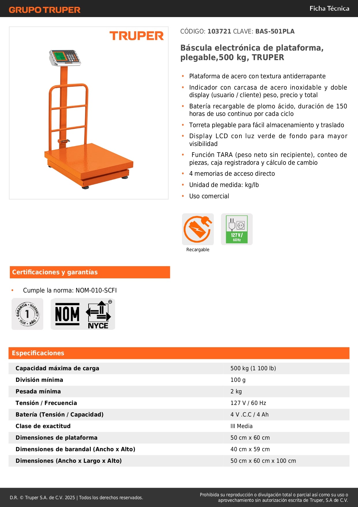 Báscula Electrónica Comercial TRUPER 500kg Plegable BAS-501PLA - Solución Profesional para Pesaje Industrial y Comercial