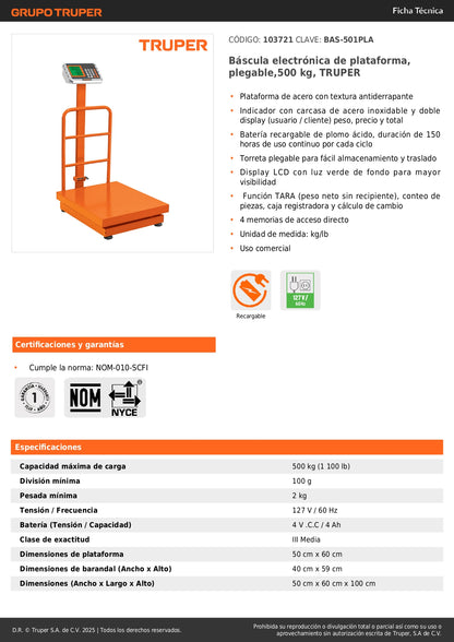 Báscula Electrónica Comercial TRUPER 500kg Plegable BAS-501PLA - Solución Profesional para Pesaje Industrial y Comercial