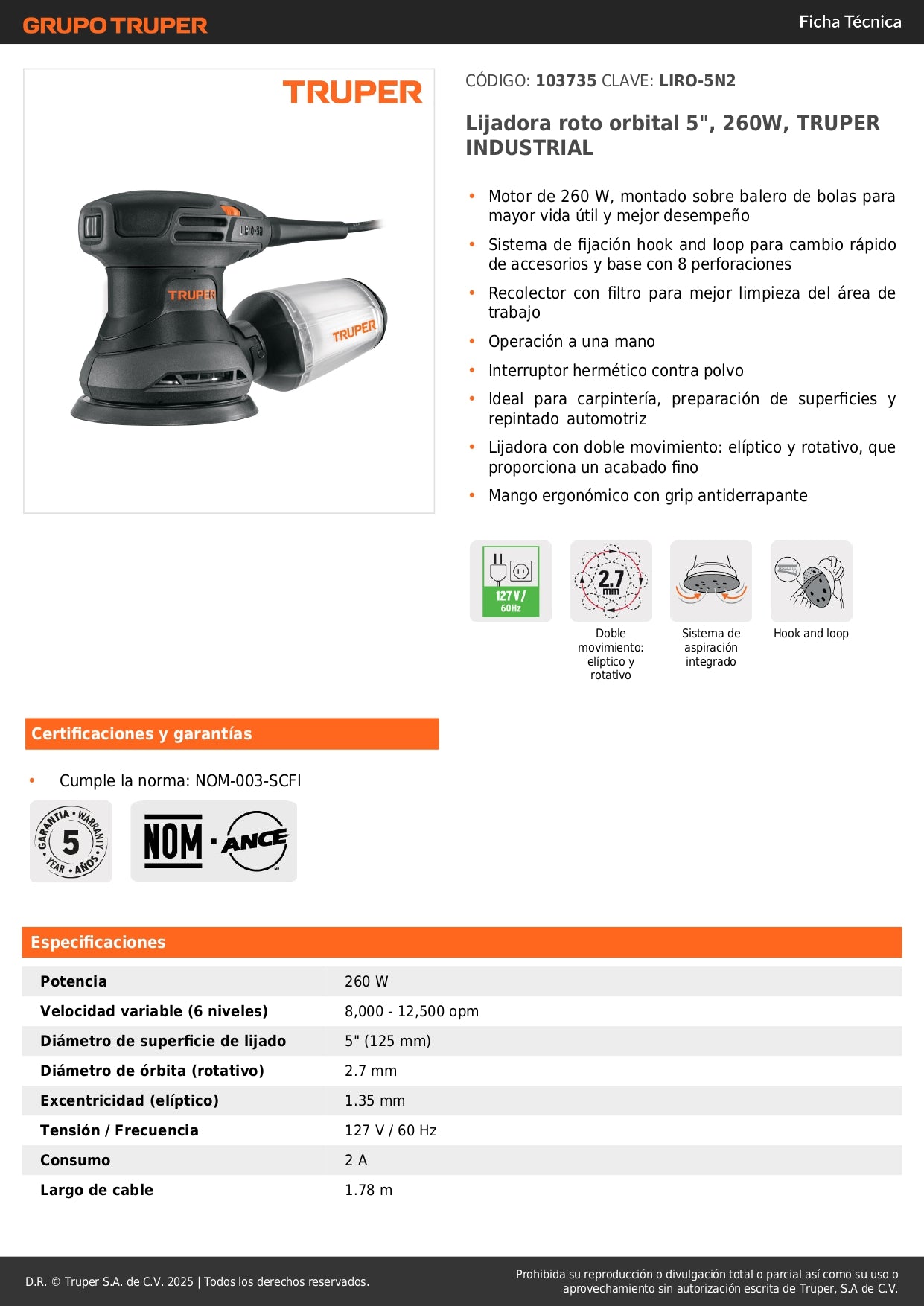 Lijadora Roto Orbital 5 Pulgadas 260W TRUPER LIRO-5N2 Industrial - Acabado Profesional para Carpintería y Preparación de Superficies Automotrices