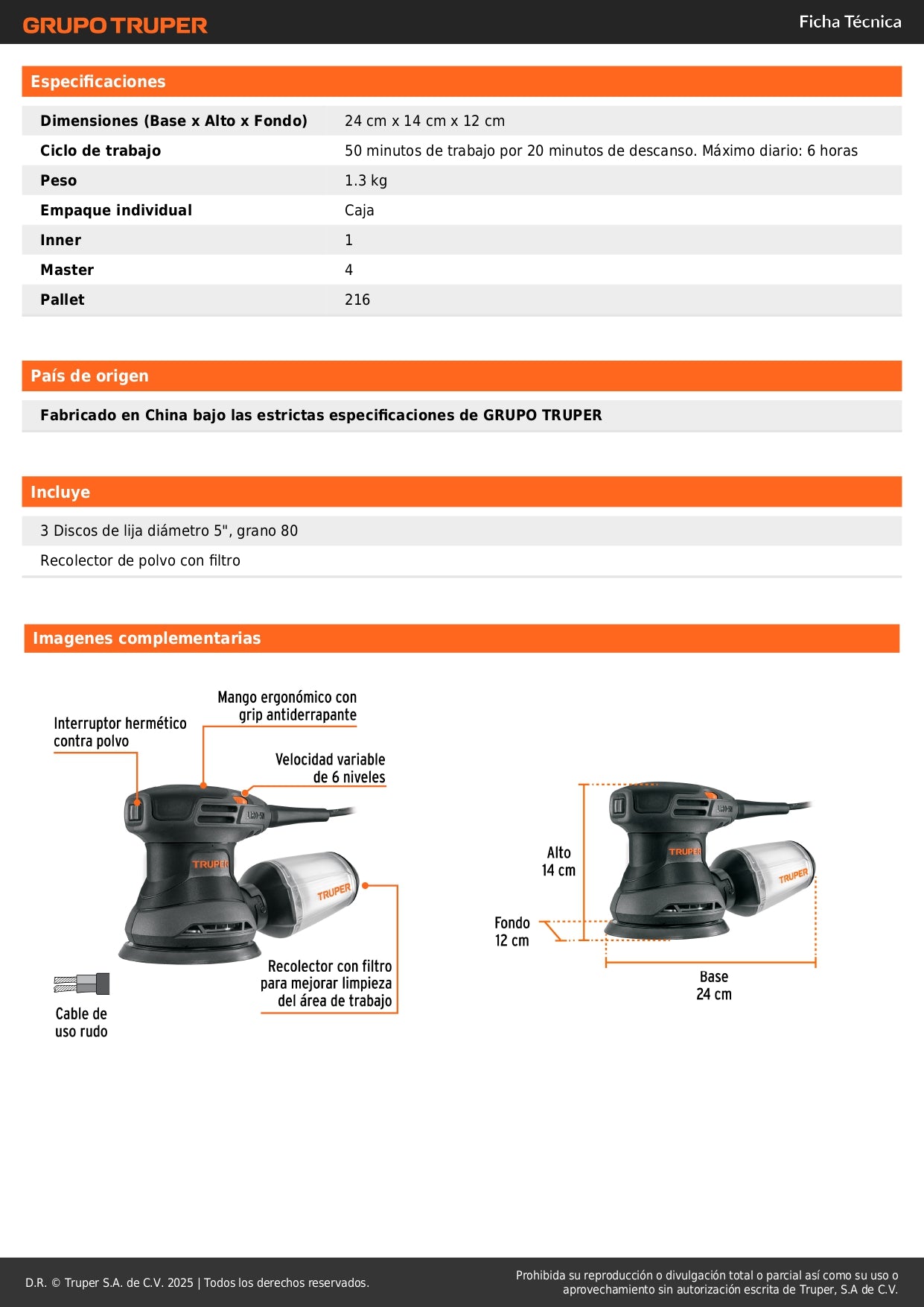 Lijadora Roto Orbital 5 Pulgadas 260W TRUPER LIRO-5N2 Industrial - Acabado Profesional para Carpintería y Preparación de Superficies Automotrices