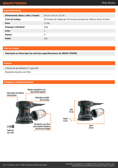 Lijadora Roto Orbital 5 Pulgadas 260W TRUPER LIRO-5N2 Industrial - Acabado Profesional para Carpintería y Preparación de Superficies Automotrices