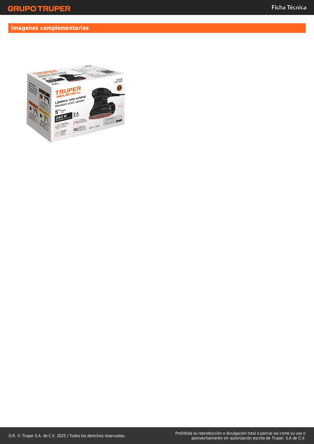 Lijadora Roto Orbital 5 Pulgadas 260W TRUPER LIRO-5N2 Industrial - Acabado Profesional para Carpintería y Preparación de Superficies Automotrices