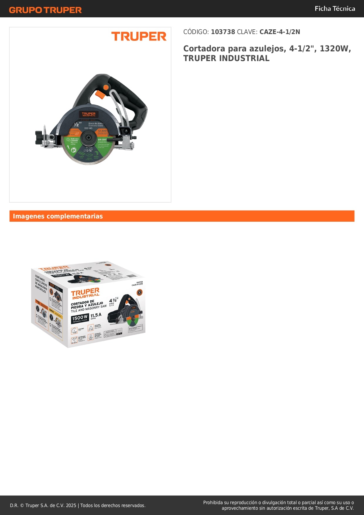 Cortadora de Azulejos TRUPER Industrial 4-1/2" 1320W - Cortes Precisos y Profesionales para Cerámica y Porcelanato - CAZE-4-1/2N