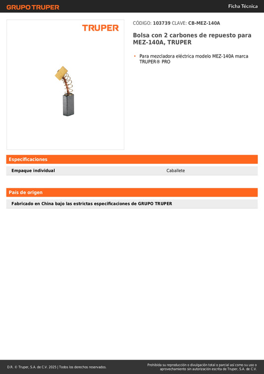 Bolsa con 2 carbones de repuesto para MEZ-140A, TRUPER