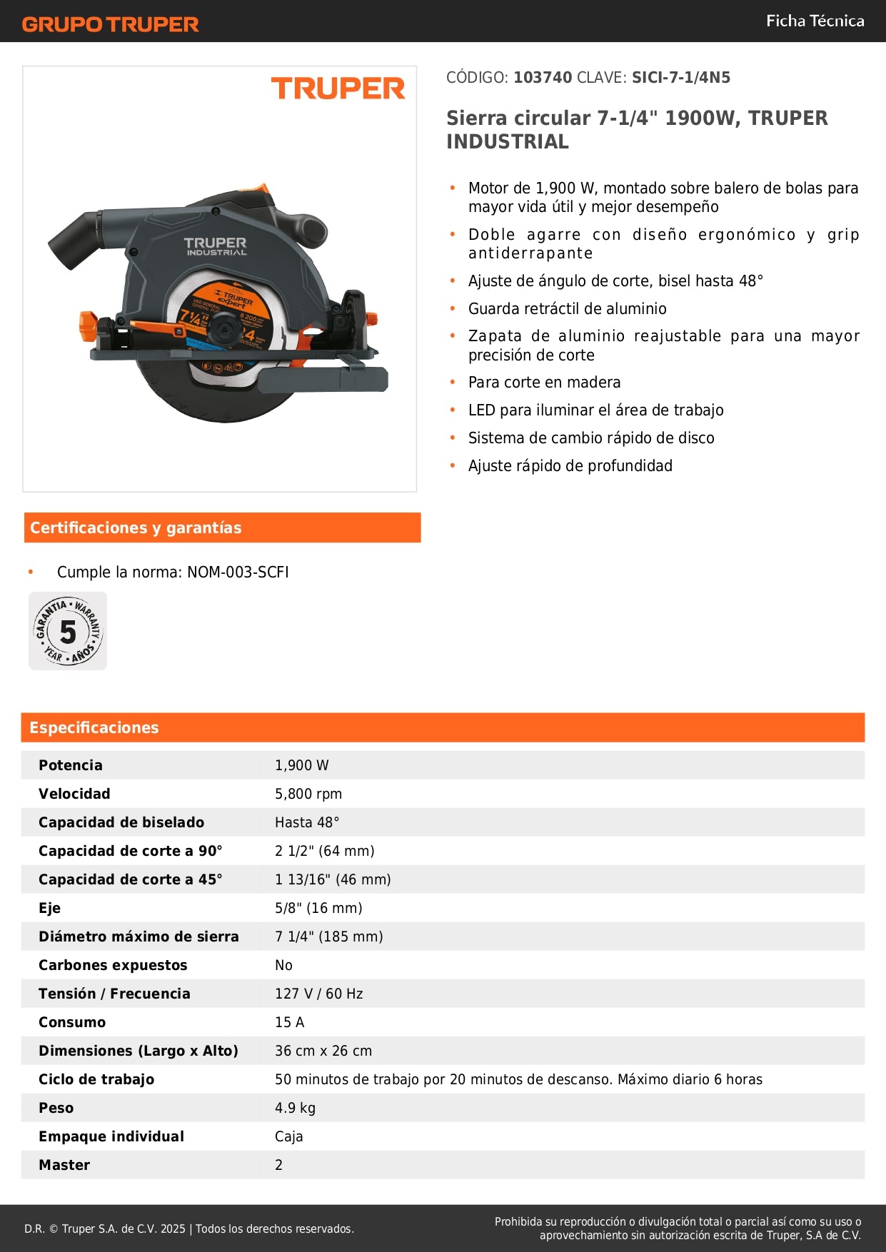 Sierra Circular TRUPER 7-1/4" 1900W Industrial SICI-7-1/4N5 - Motor Potente con LED y Ajuste Bisel 48° para Corte Preciso en Madera