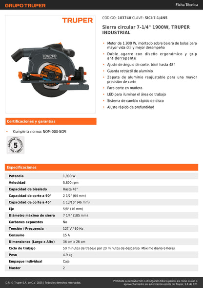 Sierra Circular TRUPER 7-1/4" 1900W Industrial SICI-7-1/4N5 - Motor Potente con LED y Ajuste Bisel 48° para Corte Preciso en Madera