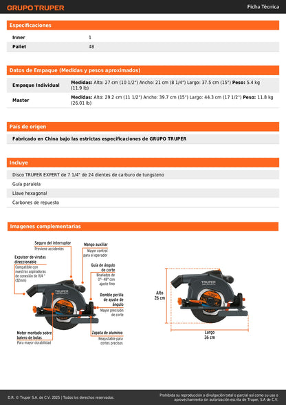 Sierra Circular TRUPER 7-1/4" 1900W Industrial SICI-7-1/4N5 - Motor Potente con LED y Ajuste Bisel 48° para Corte Preciso en Madera