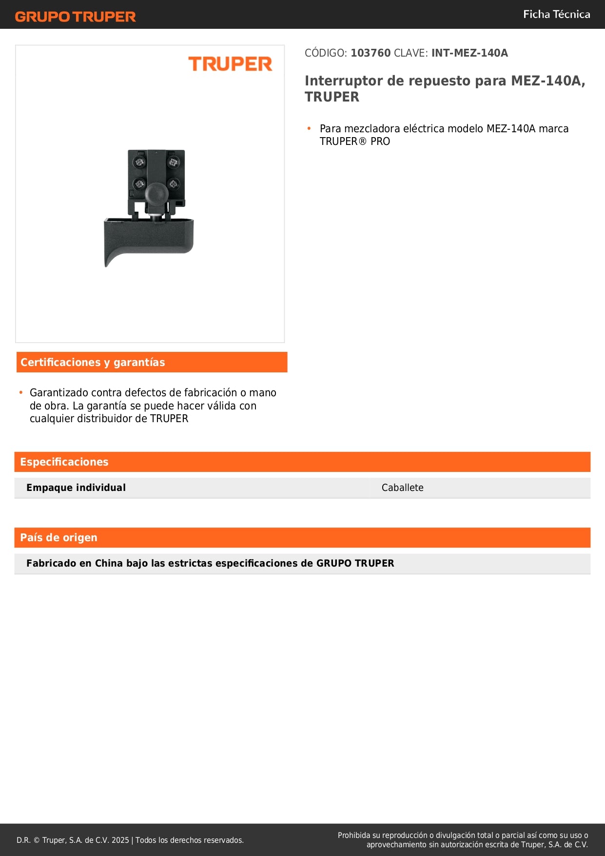 Interruptor de repuesto para MEZ-140A, TRUPER