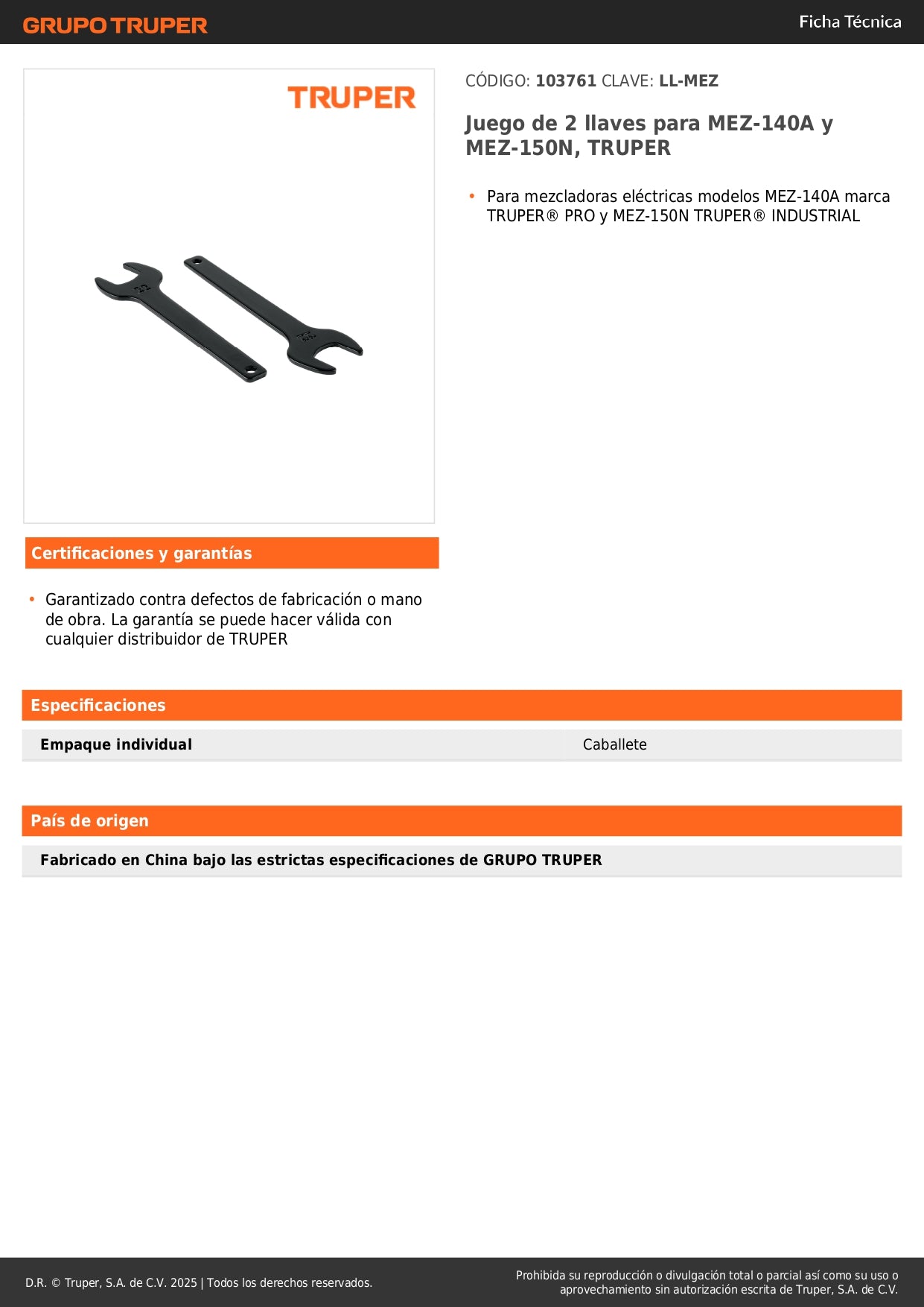 Juego de 2 llaves para MEZ-140A y MEZ-150N, TRUPER