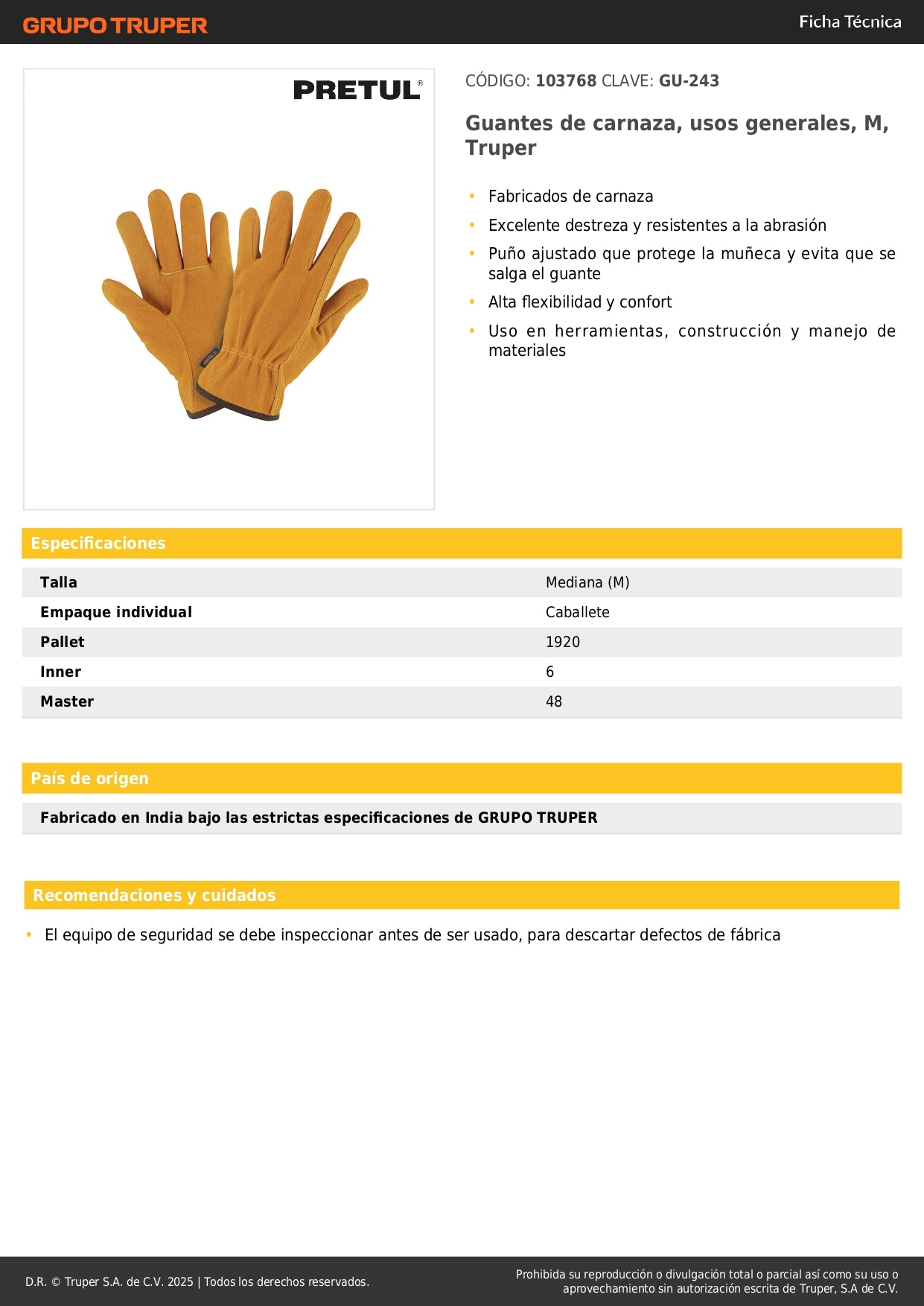 Guantes de Carnaza Truper GU-243 Talla M - Protección Profesional para Construcción y Manejo de Materiales