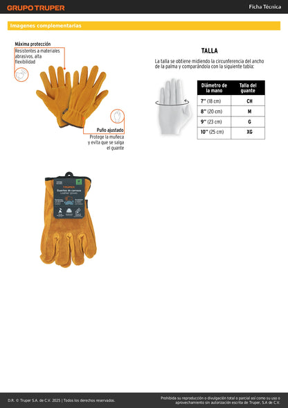 Guantes de Carnaza Truper GU-243 Talla M - Protección Profesional para Construcción y Manejo de Materiales