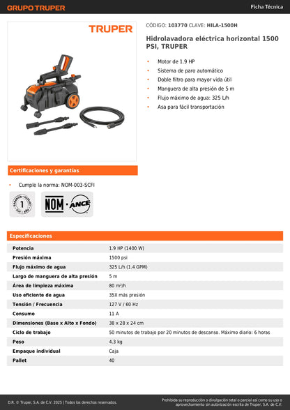 Hidrolavadora eléctrica horizontal 1500 PSI, TRUPER