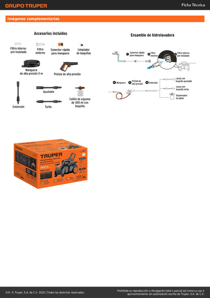 Hidrolavadora eléctrica horizontal 1500 PSI, TRUPER