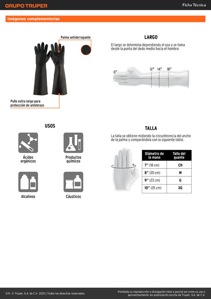 Guantes de Látex Industrial XG Truper GU-324 - Protección Química Antiderrapante con Puños Extra Largos