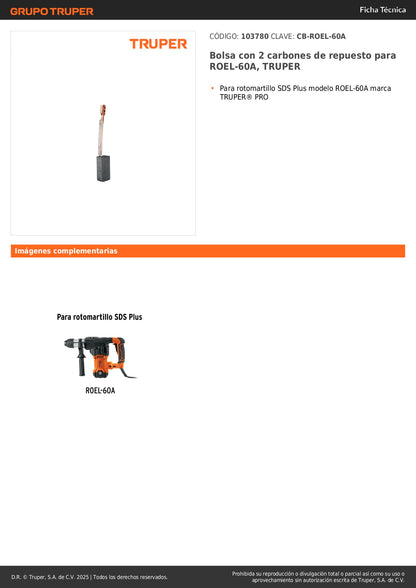 Bolsa con 2 carbones de repuesto para ROEL-60A, TRUPER