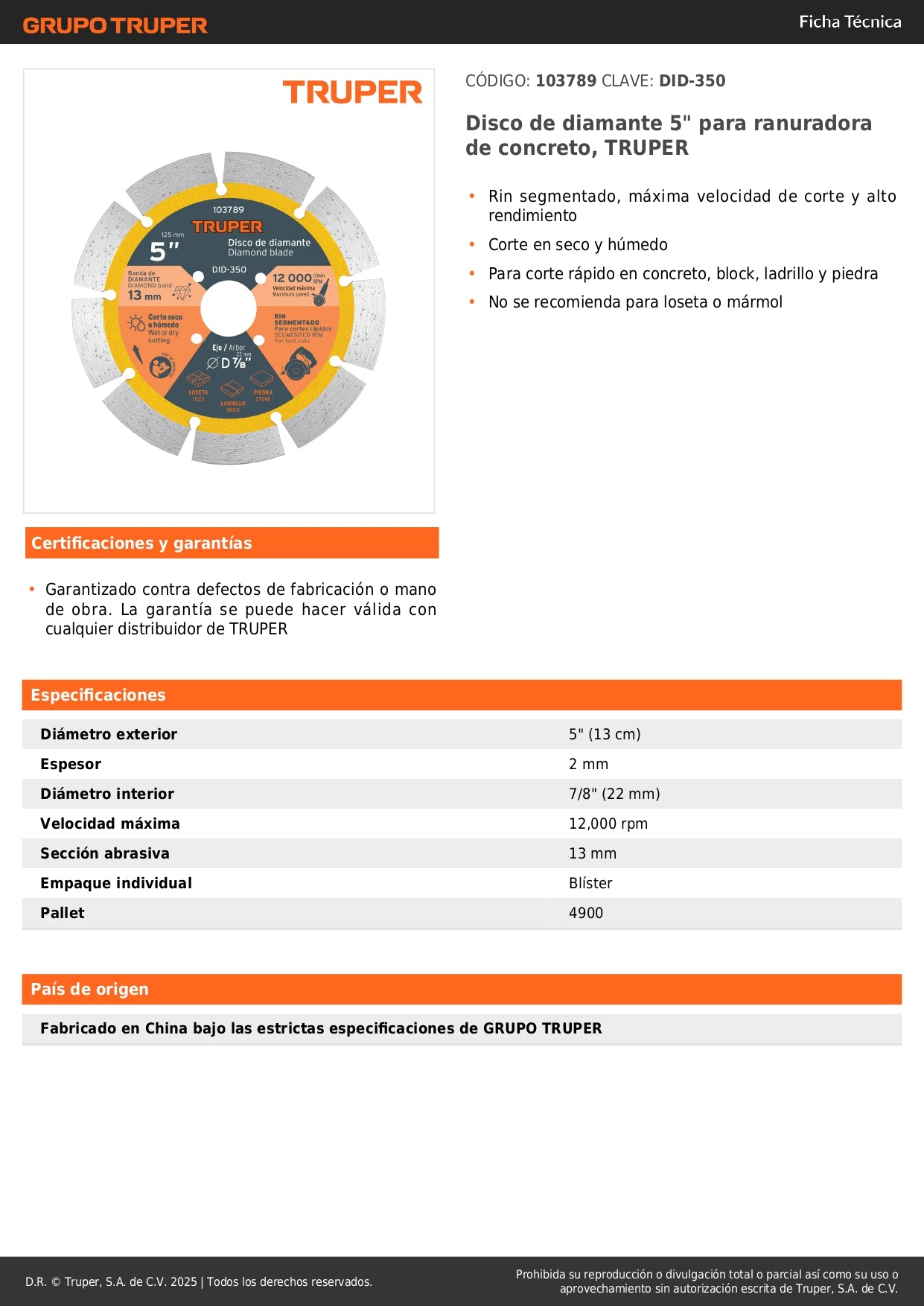 Disco de diamante 5" para ranuradora de concreto, TRUPER