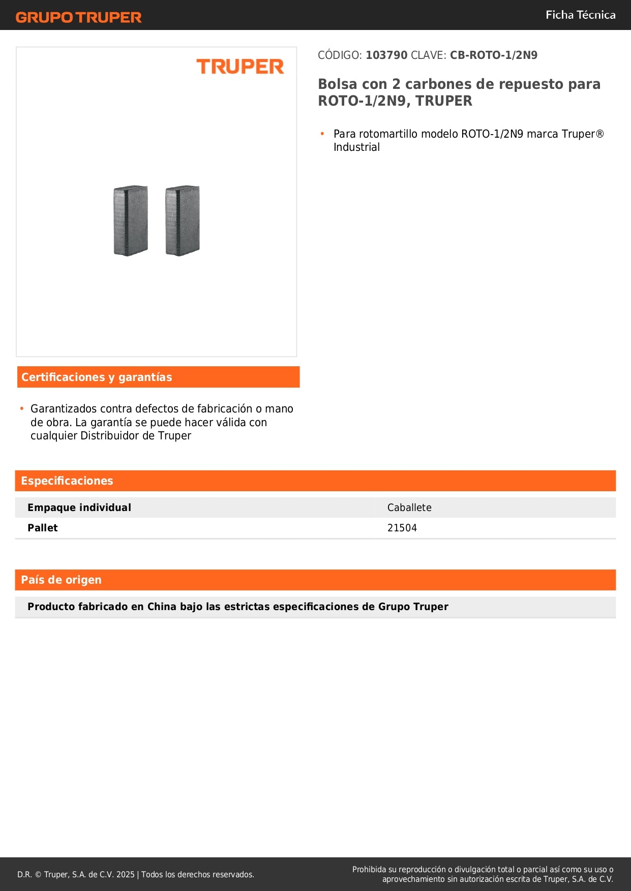 Bolsa con 2 carbones de repuesto para ROTO-1/2N9, TRUPER