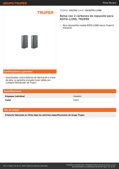 Bolsa con 2 carbones de repuesto para ROTO-1/2N9, TRUPER