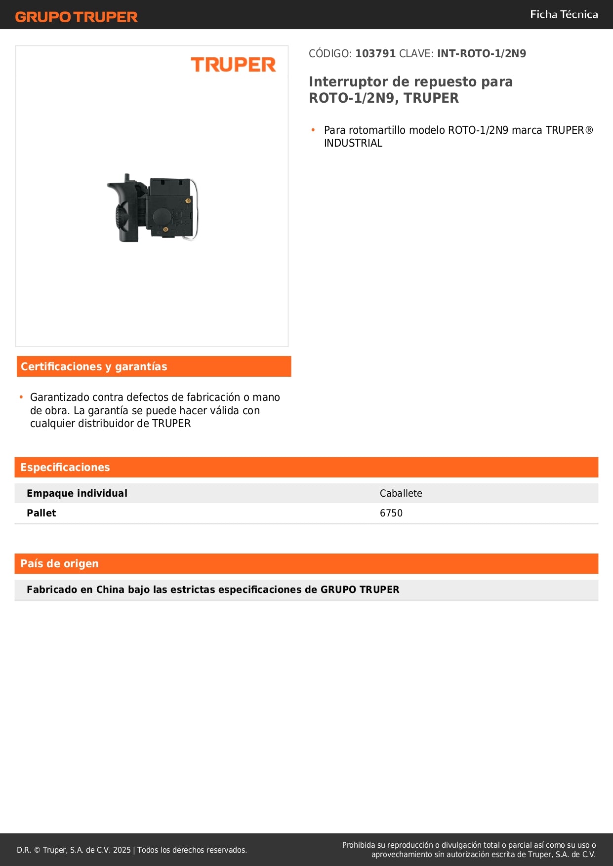 Interruptor de repuesto para ROTO-1/2N9, TRUPER