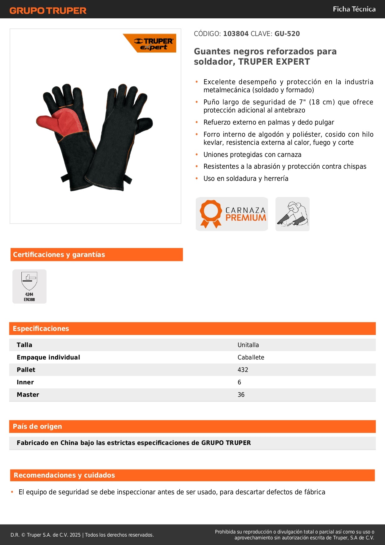 Guantes de Soldador Reforzados TRUPER EXPERT GU-520 - Protección Profesional contra Chispas y Calor con Puño Largo 7" - Resistentes Abrasión para Soldadura y Herrería