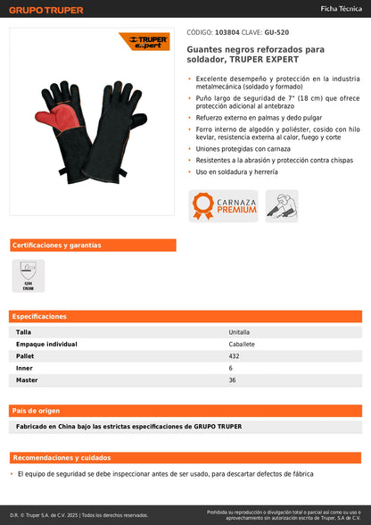 Guantes de Soldador Reforzados TRUPER EXPERT GU-520 - Protección Profesional contra Chispas y Calor con Puño Largo 7" - Resistentes Abrasión para Soldadura y Herrería