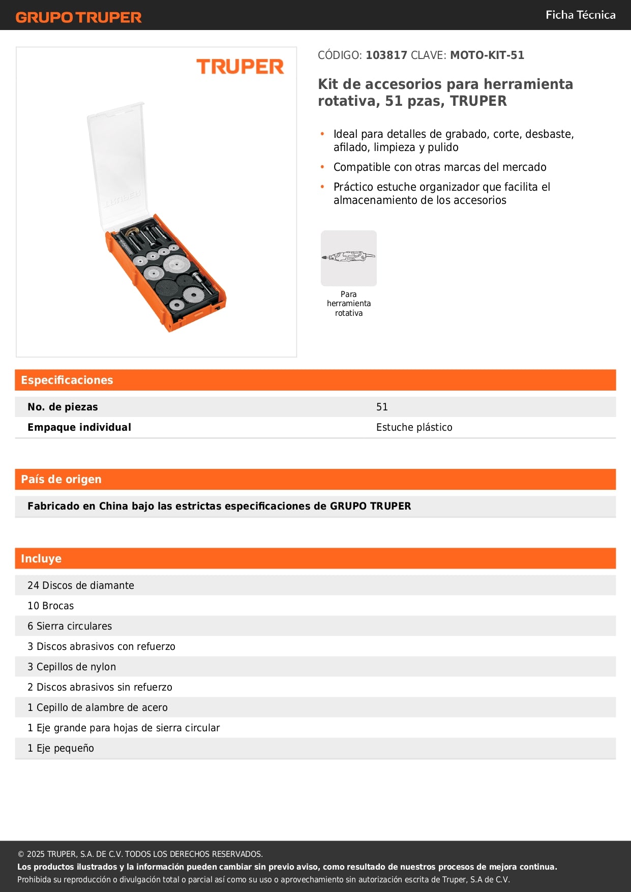 Kit de accesorios para herramienta rotativa, 51 pzas, TRUPER