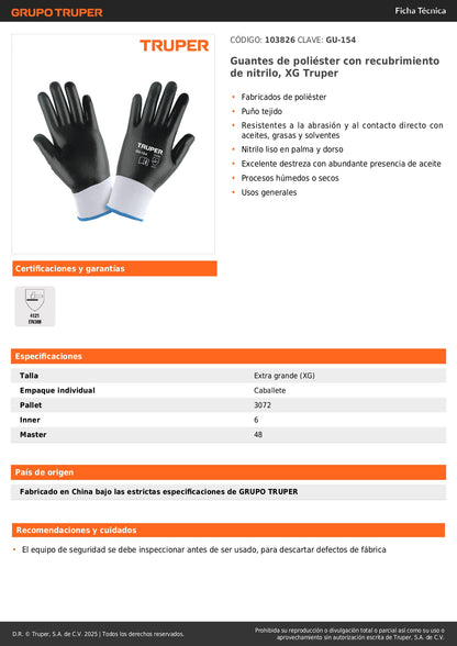 Guantes de Nitrilo XG Truper GU-154 - Resistentes a Aceites y Solventes para Trabajo Industrial