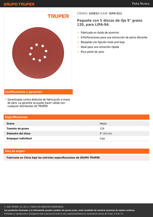Paquete con 5 discos de lija 9" grano 120, para LIPA-9A