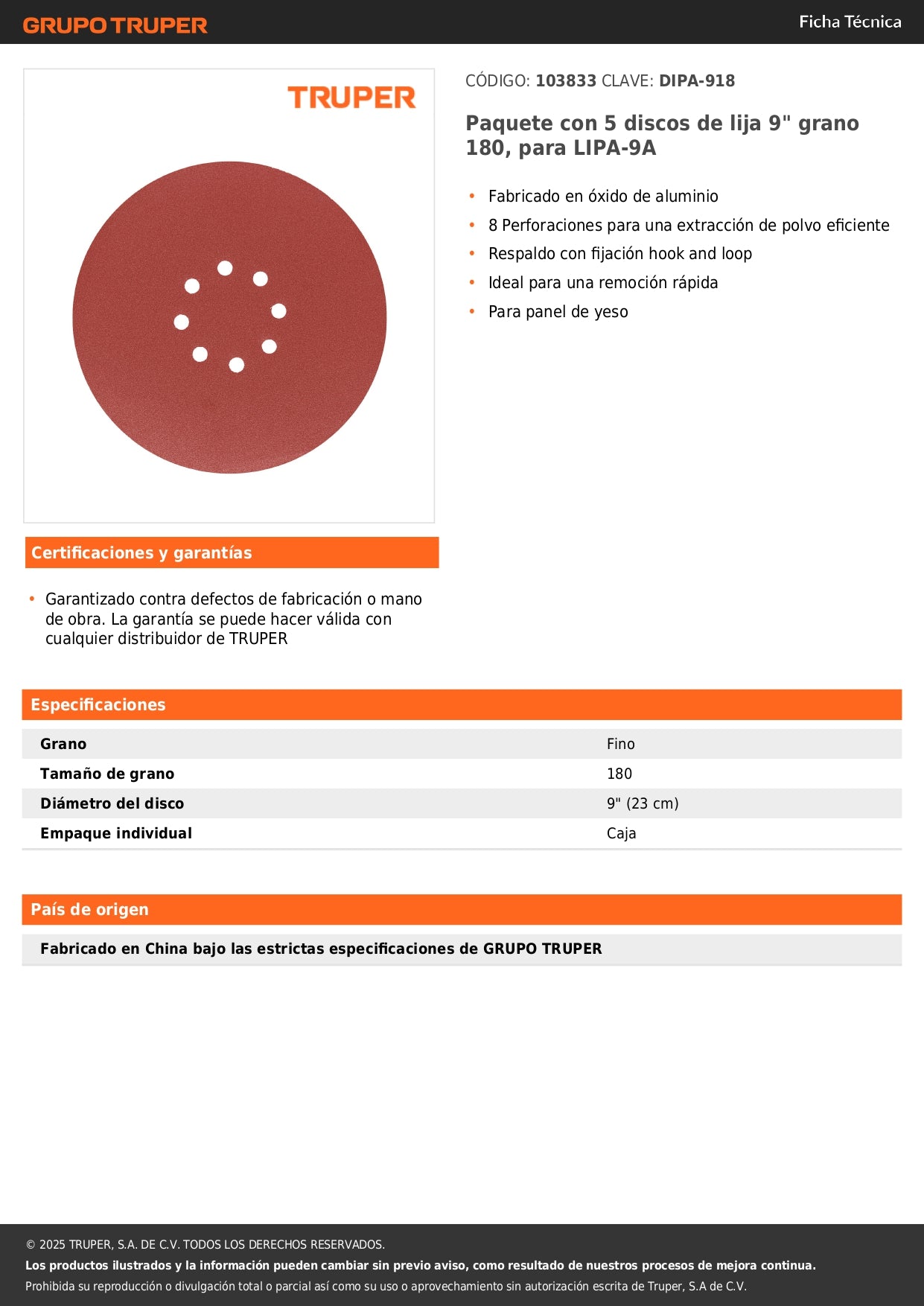 Paquete con 5 discos de lija 9" grano 180, para LIPA-9A
