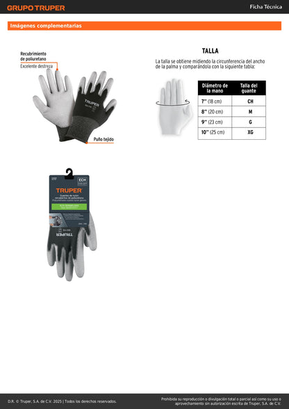 Guantes de Trabajo Truper GU-110 - Nylon con Recubrimiento Poliuretano - Alta Sensibilidad y Destreza para Manejo Preciso de Piezas Pequeñas