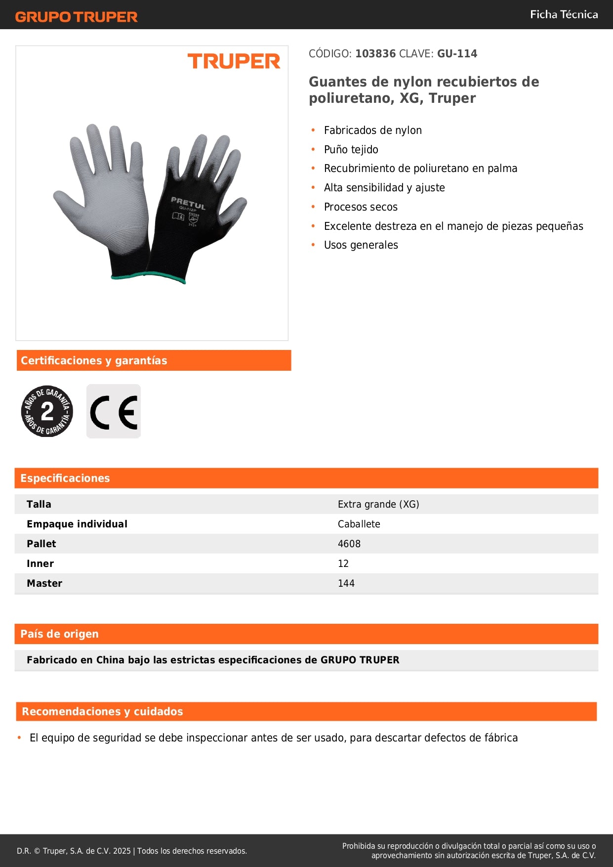 Guantes de Nylon con Poliuretano Truper GU-114 XG - Máxima Destreza y Sensibilidad para Manejo de Piezas Pequeñas