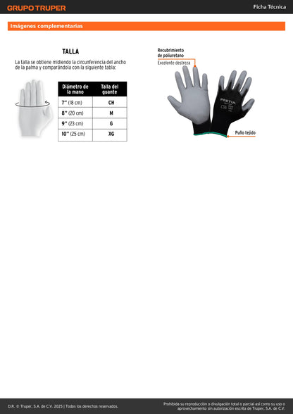 Guantes de Nylon con Poliuretano Truper GU-114 XG - Máxima Destreza y Sensibilidad para Manejo de Piezas Pequeñas