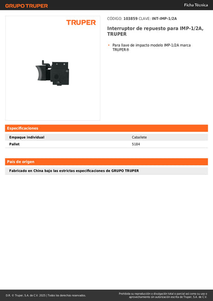 Interruptor de repuesto para IMP-1/2A, TRUPER