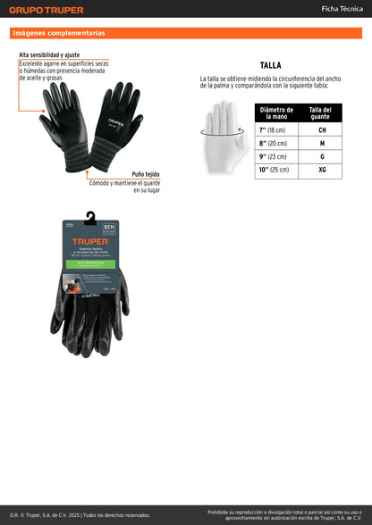 Guantes de Trabajo Nylon con Recubrimiento Nitrilo GU-120 XCH Truper - Protección Anticortes Alta Sensibilidad para Procesos Húmedos y Secos con Aceites