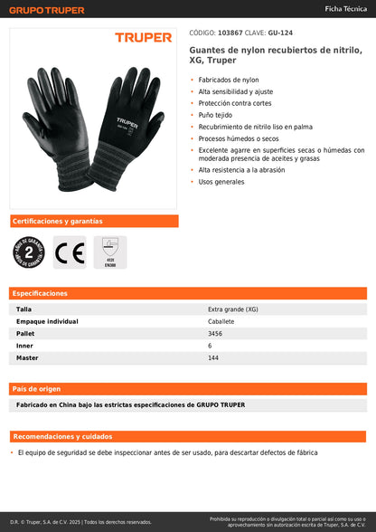 Guantes de Trabajo Nylon con Recubrimiento Nitrilo XG Truper GU-124 - Protección Anticortes Alta Sensibilidad para Procesos Húmedos y Secos con Agarre Superior