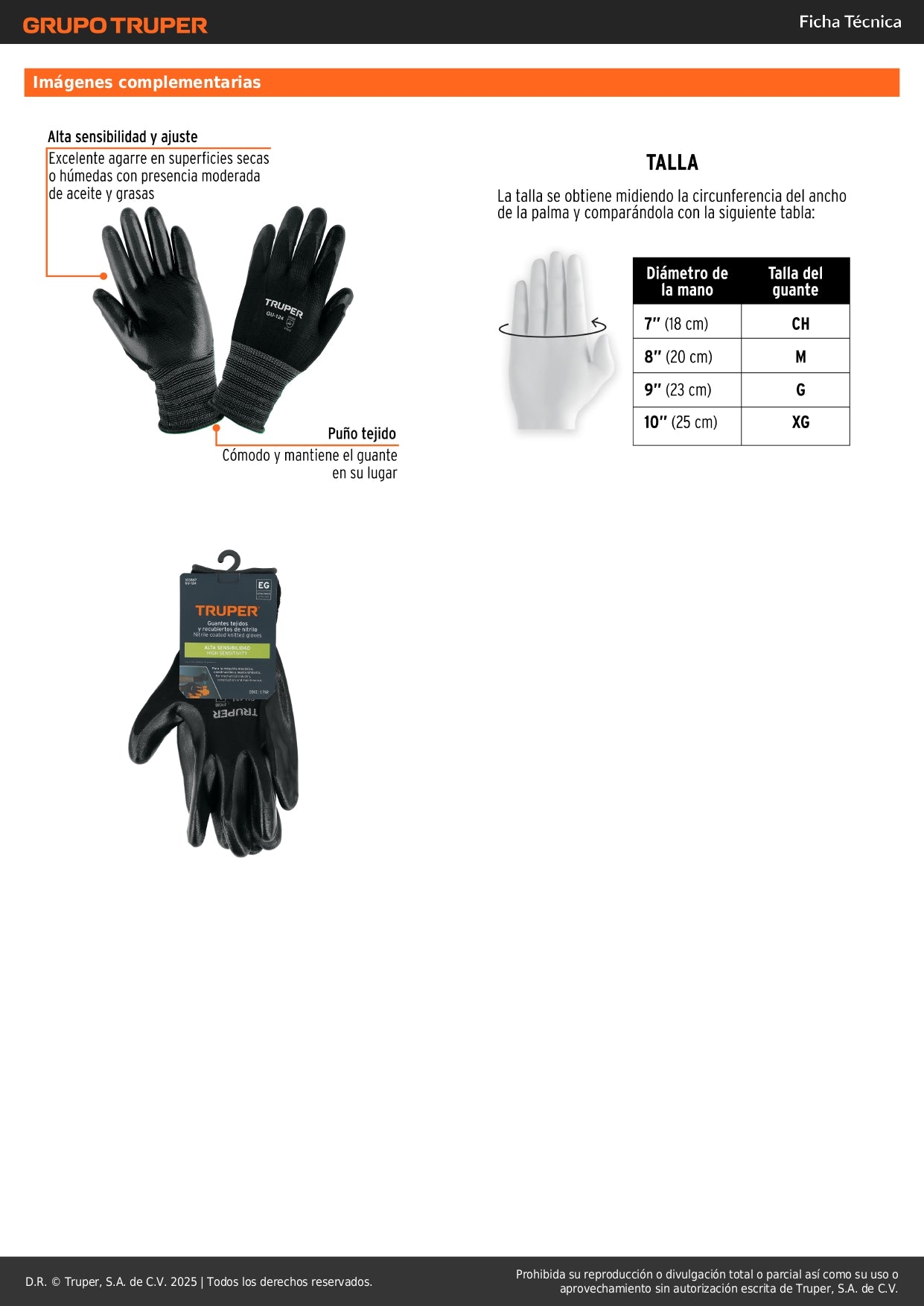 Guantes de Trabajo Nylon con Recubrimiento Nitrilo XG Truper GU-124 - Protección Anticortes Alta Sensibilidad para Procesos Húmedos y Secos con Agarre Superior