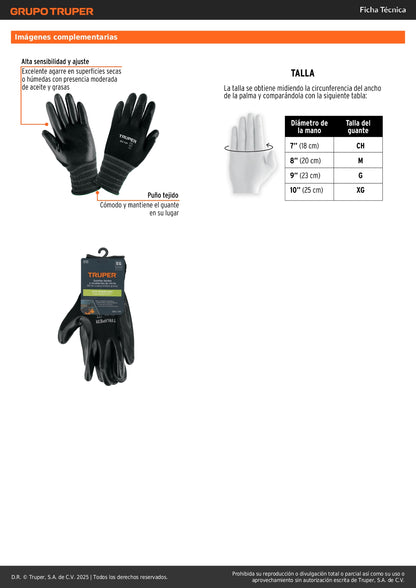 Guantes de Trabajo Nylon con Recubrimiento Nitrilo XG Truper GU-124 - Protección Anticortes Alta Sensibilidad para Procesos Húmedos y Secos con Agarre Superior