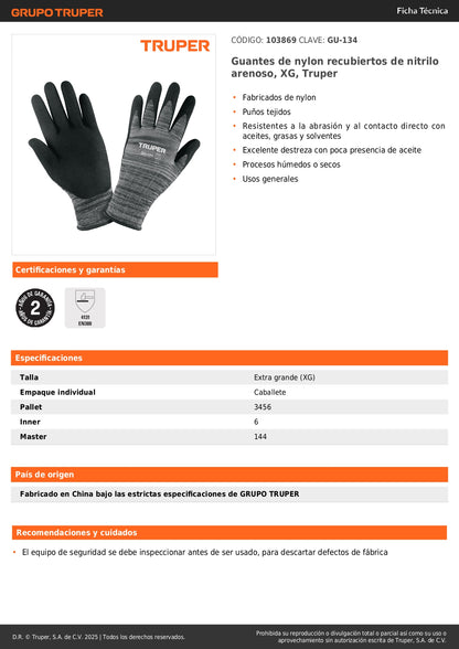 Guantes de Nitrilo TRUPER GU-134 - Protección Profesional Antideslizante para Trabajo con Aceites y Solventes - Talla XG