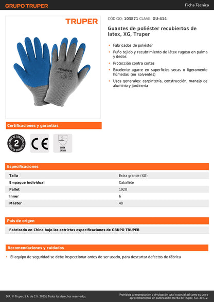 Guantes de Seguridad Industrial Truper GU-414 - Protección Anticortes con Recubrimiento Látex para Carpintería y Construcción
