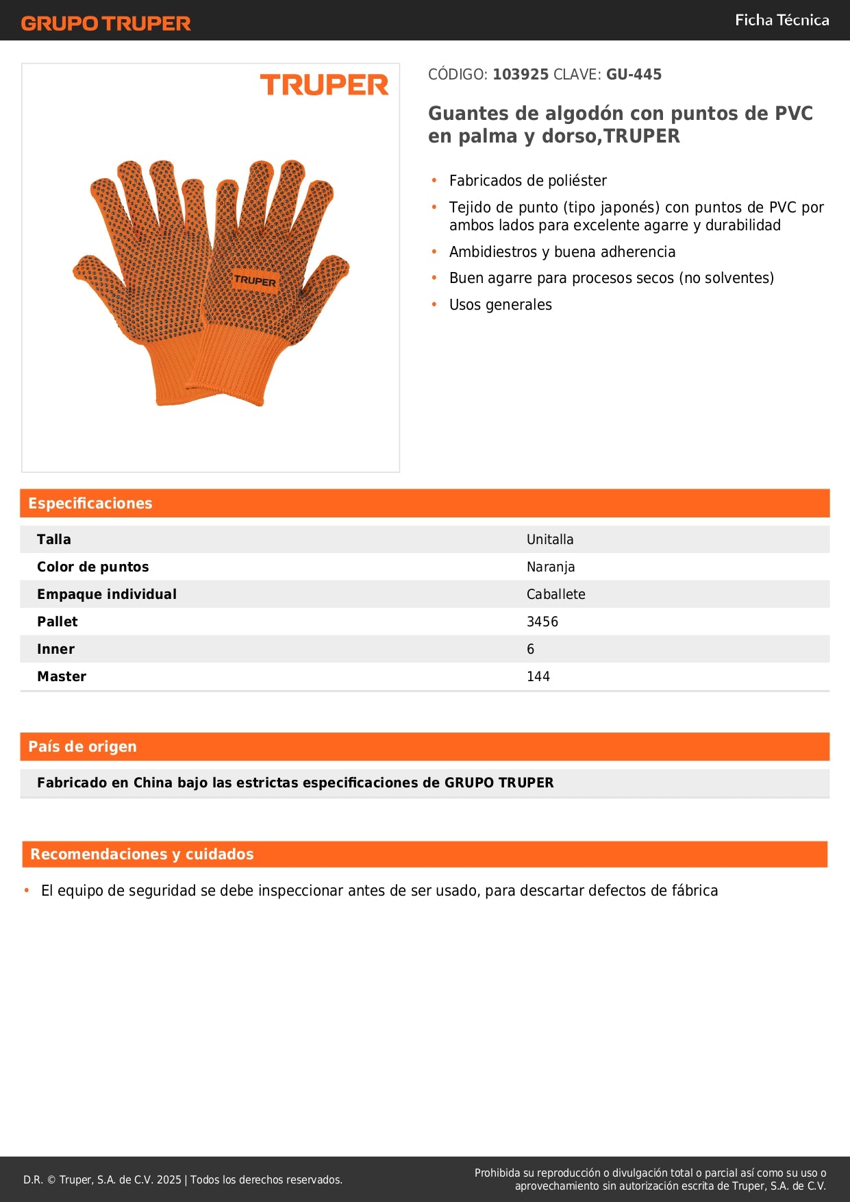 Guantes de Algodón con Puntos PVC TRUPER GU-445 - Agarre Superior para Trabajo Industrial y Construcción