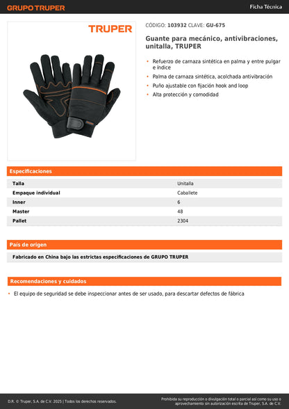 Guante Mecánico Antivibraciones TRUPER GU-675 - Protección Profesional contra Vibraciones y Fatiga en Manos - Refuerzo Carnaza Sintética