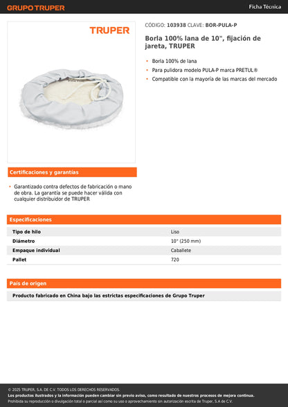 Borla 100% lana de 10", fijación de jareta, TRUPER