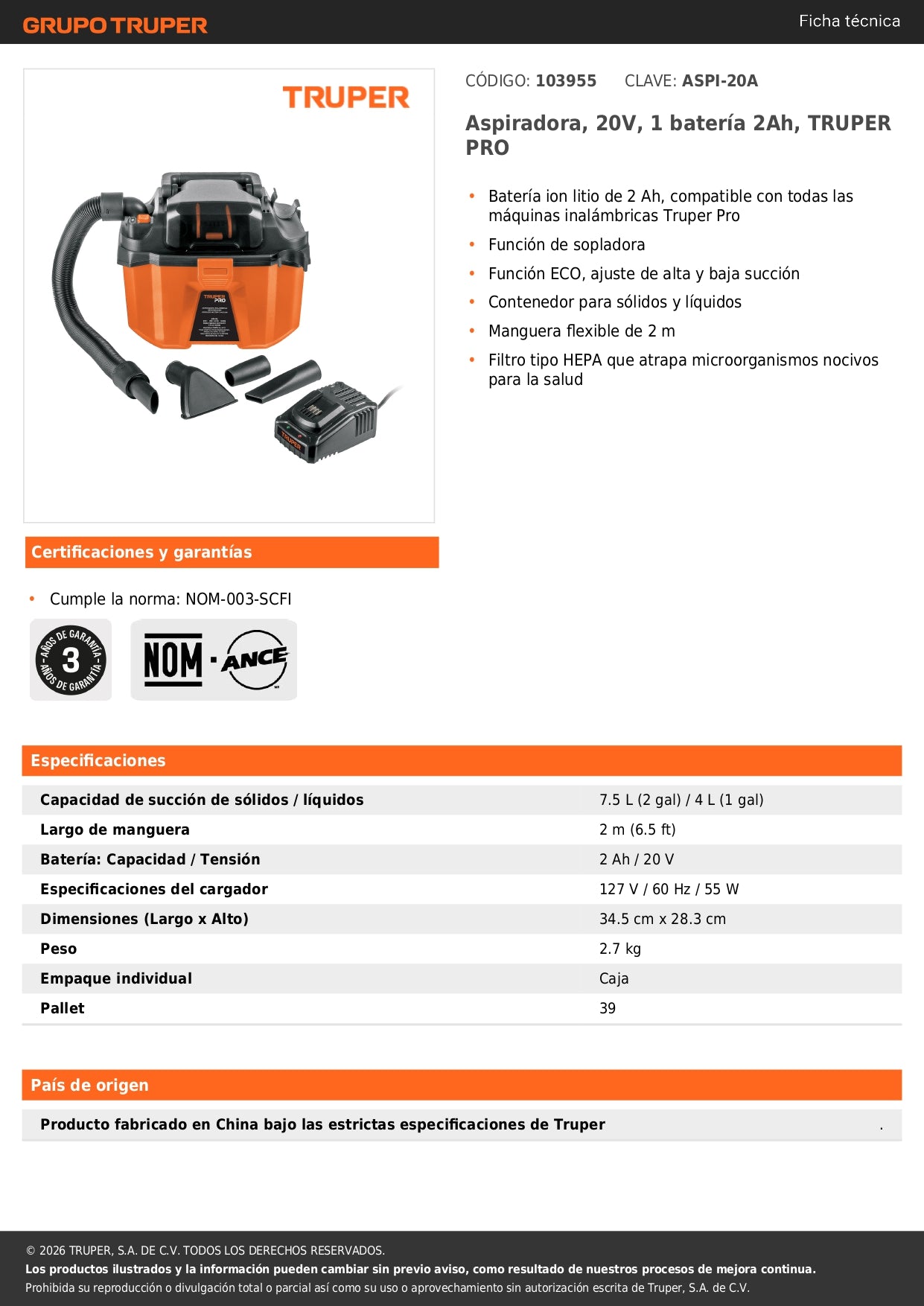 Aspiradora, 20V, 1 batería 2Ah, TRUPER PRO